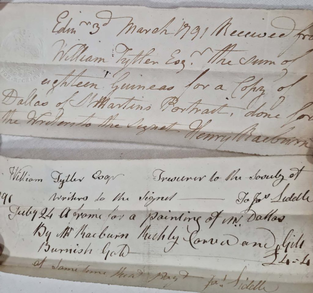 Two receipts for the copying of the painting of George Dallas, one signed by Henry Raeburn for making the copy and the other for the making of the gold frame.