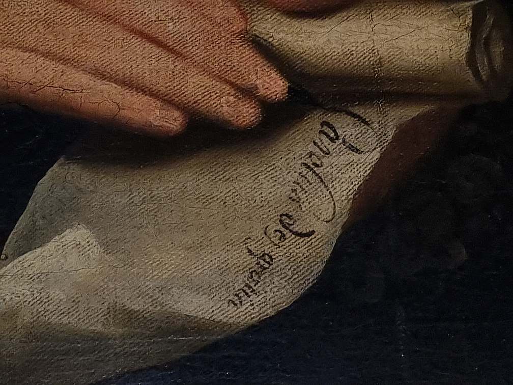 A scroll from the portrait of George Dallas bearing the text Carolus Dei Gratiae.